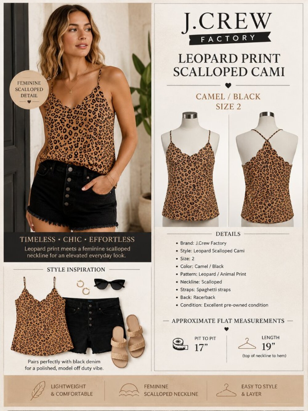 J.Crew Factory Leopard Print Scalloped Cami Racerback Top Size 2